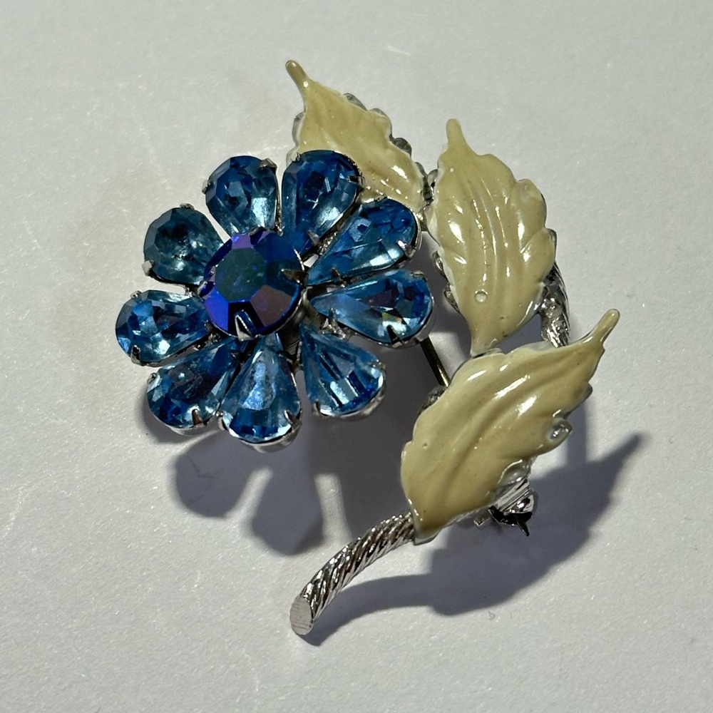 Signed Regency Blue Cream Enamel Floral Brooch AB Crystal Pin Up 50s 60s